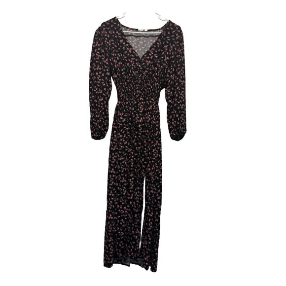 GAP Smocked Waist V Neck Black w/ Pink and Red Floral Maxi Dress with High Slit - Picture 3 of 3